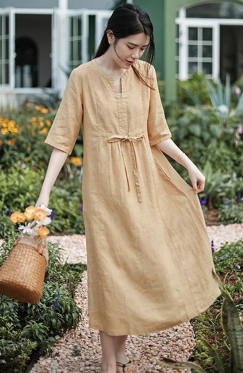 Women's 100% Linen Half Sleeves Dress Linen Maxi Dress Loose Flowy Summer Dresses Bridesmaid Dress causal Flax Robe Oversized Clothing N306