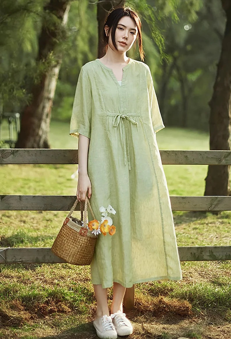Women's 100% Linen Half Sleeves Dress Linen Maxi Dress Loose Flowy Summer Dresses Bridesmaid Dress causal Flax Robe Oversized Clothing N306