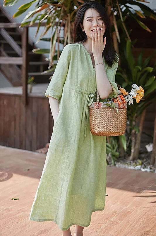 Women's 100% Linen Half Sleeves Dress Linen Maxi Dress Loose Flowy Summer Dresses Bridesmaid Dress causal Flax Robe Oversized Clothing N306