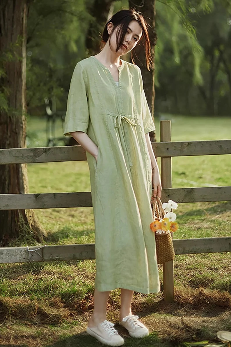 Women's 100% Linen Half Sleeves Dress Linen Maxi Dress Loose Flowy Summer Dresses Bridesmaid Dress causal Flax Robe Oversized Clothing N306