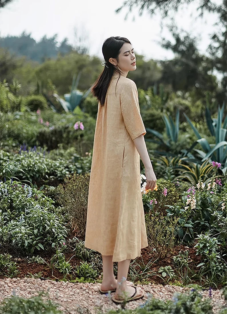 Women's 100% Linen Half Sleeves Dress Linen Maxi Dress Loose Flowy Summer Dresses Bridesmaid Dress causal Flax Robe Oversized Clothing N306